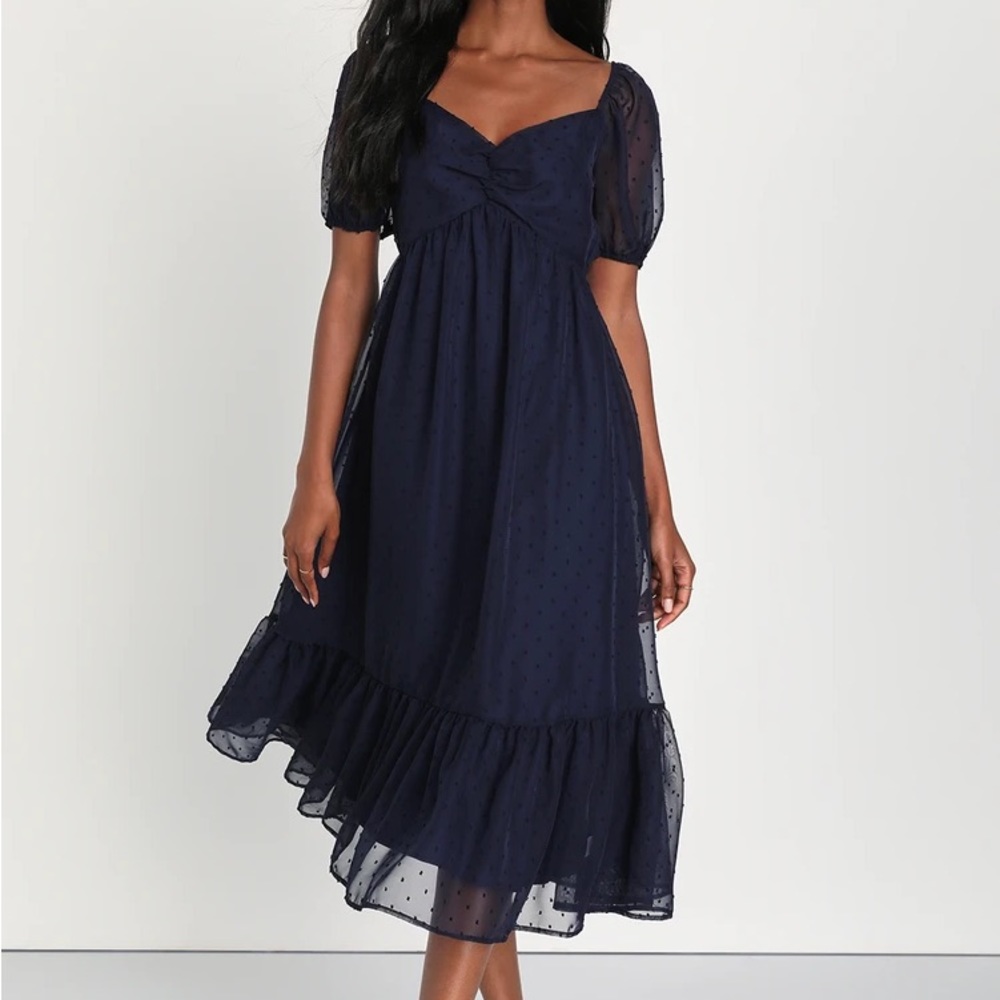NWT Navy Swiss Dot Puff Sleeve Tie-Back Midi Dress